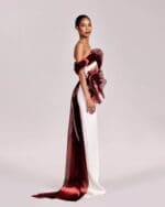 Off-White Gown with Burgundy Red Organza and Lace - Image 3