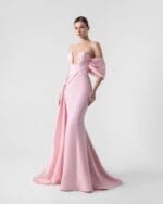 Lustrous Pink Open Taffeta Corset Mermaid Gown - Image 3