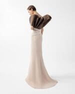 Two-Tone Draped Gown with Sculptural Bodice in Chocolate and Nude - Image 2