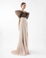Two-Tone Draped Gown with Sculptural Bodice in Chocolate and Nude - Image 4