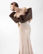 Two-Tone Draped Gown with Sculptural Bodice in Chocolate and Nude - Image 5