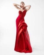 Scarlet Opulence Gown with Architectural Draping - Image 3