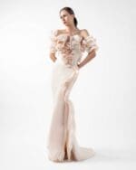 Romantic Cream Gown with Blooming Peach Ruffles