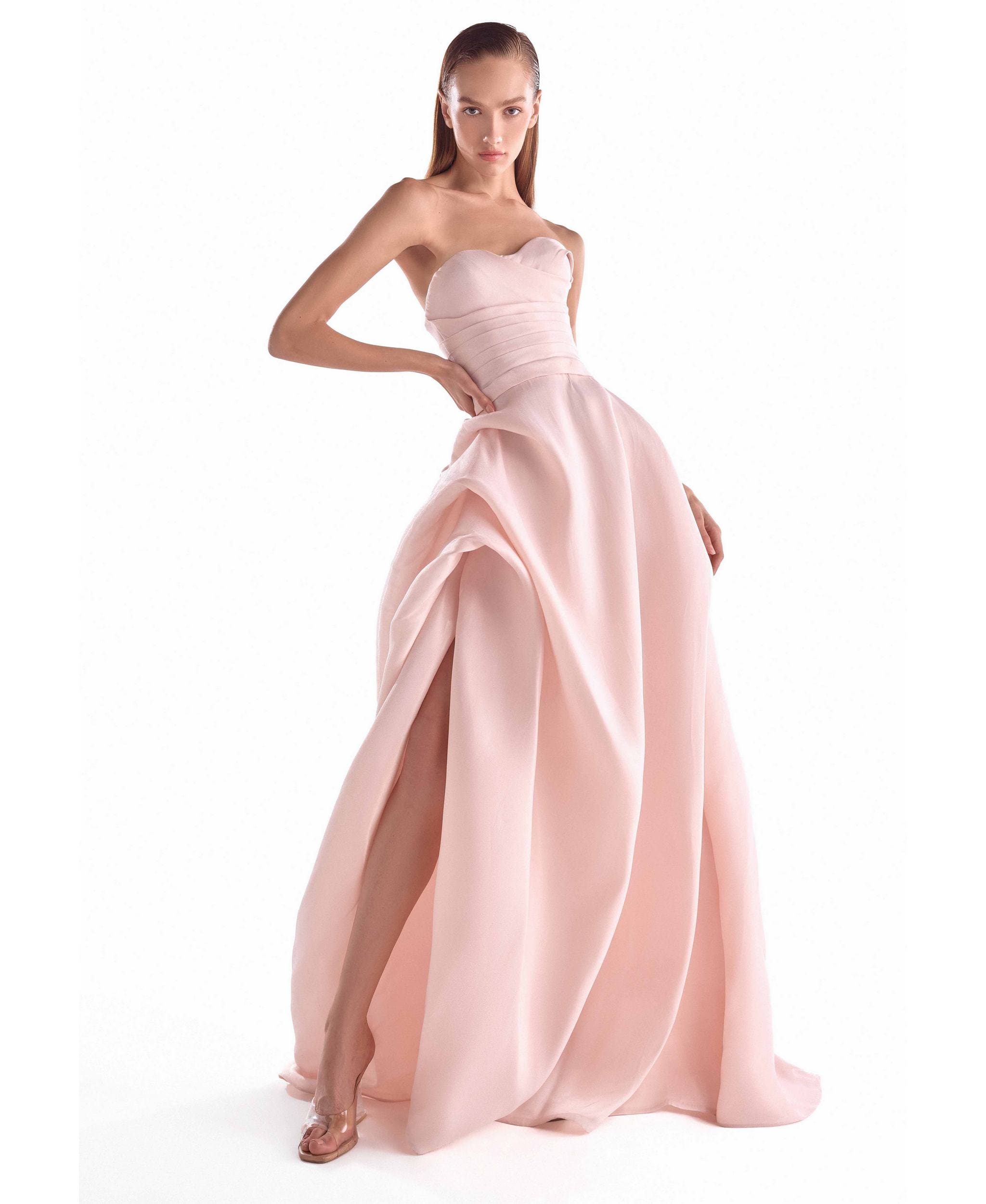 GCS 2121 Draped Bodice Salmon Pink Fluid Organza Gown - Image 1