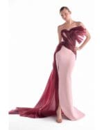 Fluid Crimson Flow on a Pink Crepe Evening Gown
