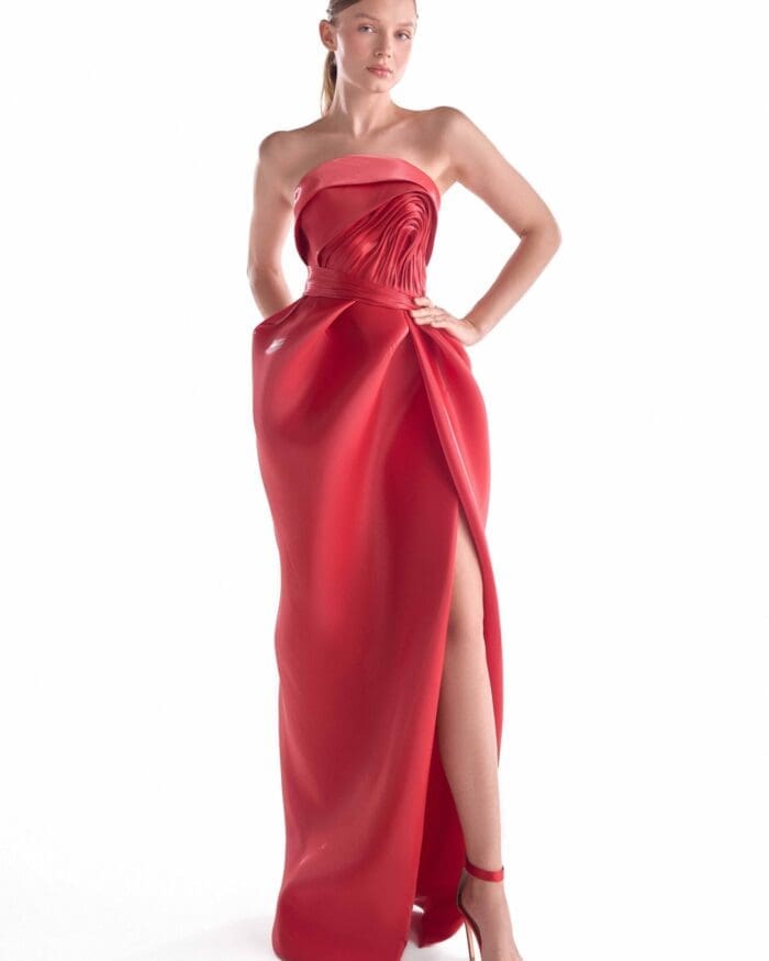 Fluid Red Tulip Draped Gown
