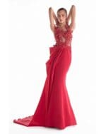Crimson Corded Reverie, Embroidered Illusion Bodice Mermaid Gown