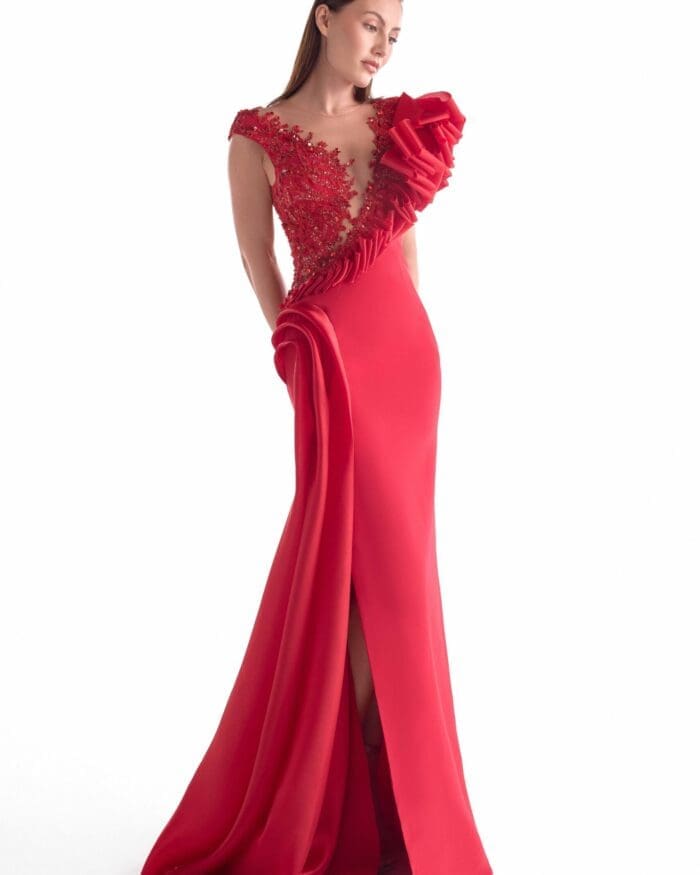 Deep Plunging Lustrous Red Gown