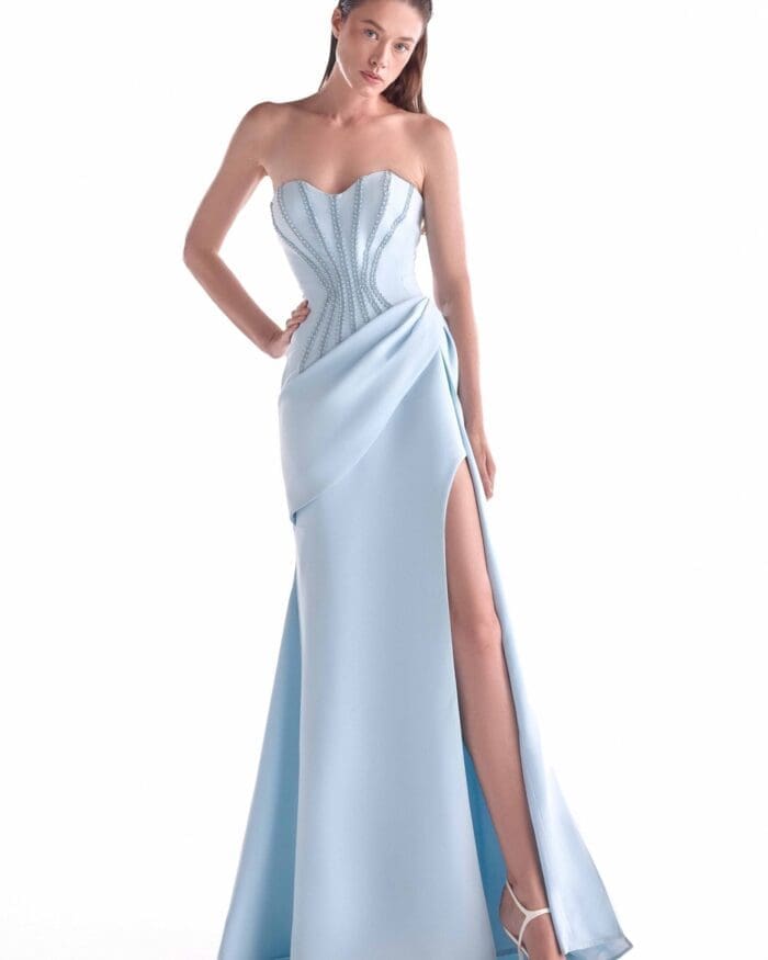 Cinched Waist Beading, Ice Blue Gown
