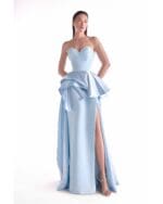 Celestial Ice Blue Peplum Gown with Pleated Bodice