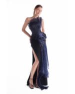 Midnight Blue Pleated Liquid Sculpture, Strapless Black Gown