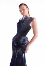 Midnight Blue Pleated Liquid Sculpture, Strapless Black Gown - Image 3