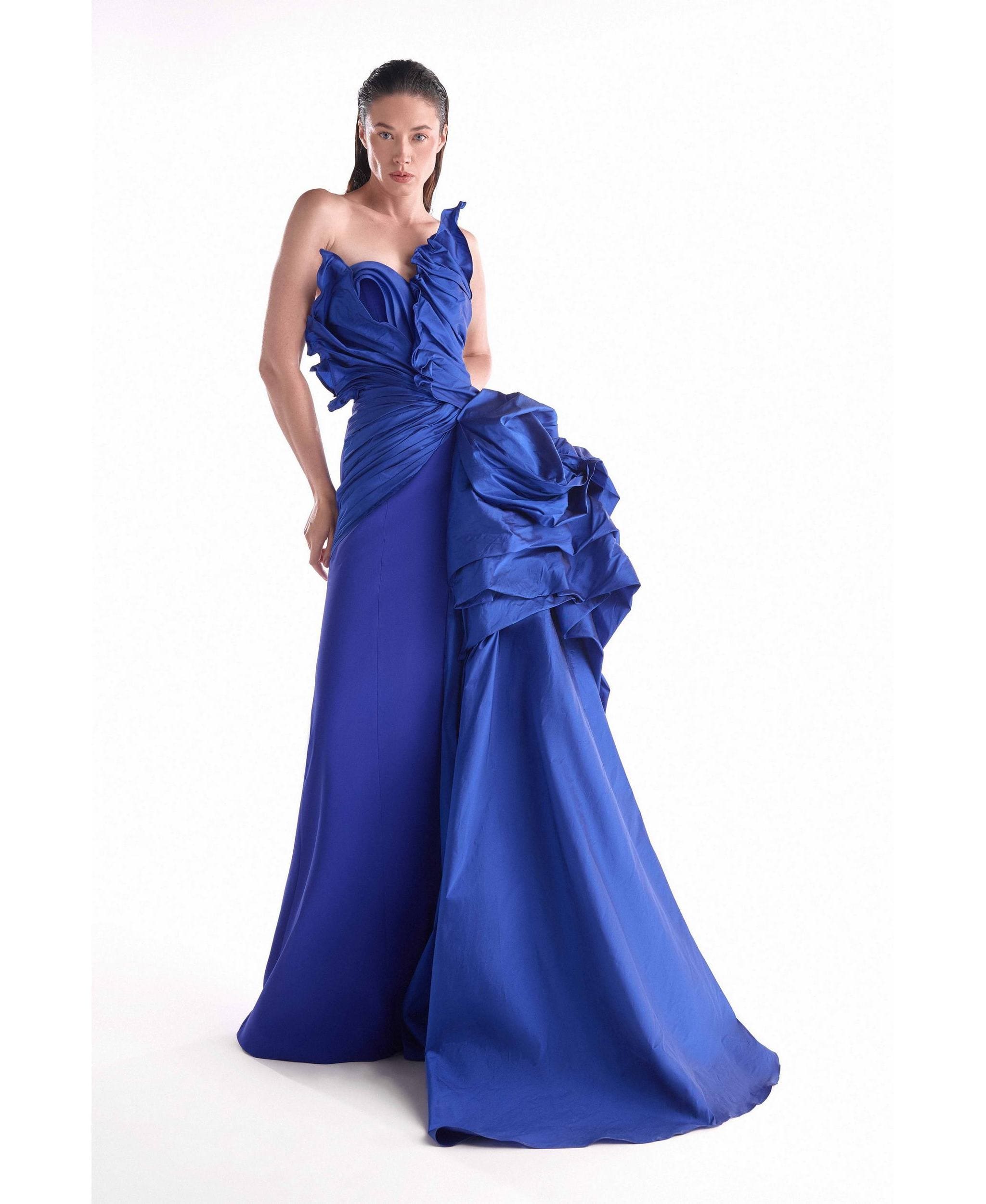 GCS 2148 Cascading Sculptural Taffeta Gown, Ruched Royal Blue bodice - Image 1