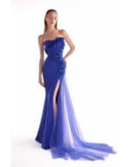 Boned Royal Blue Floral Embellished  Corset Gown