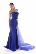 Boned Royal Blue Floral Embellished  Corset Gown - Image 3