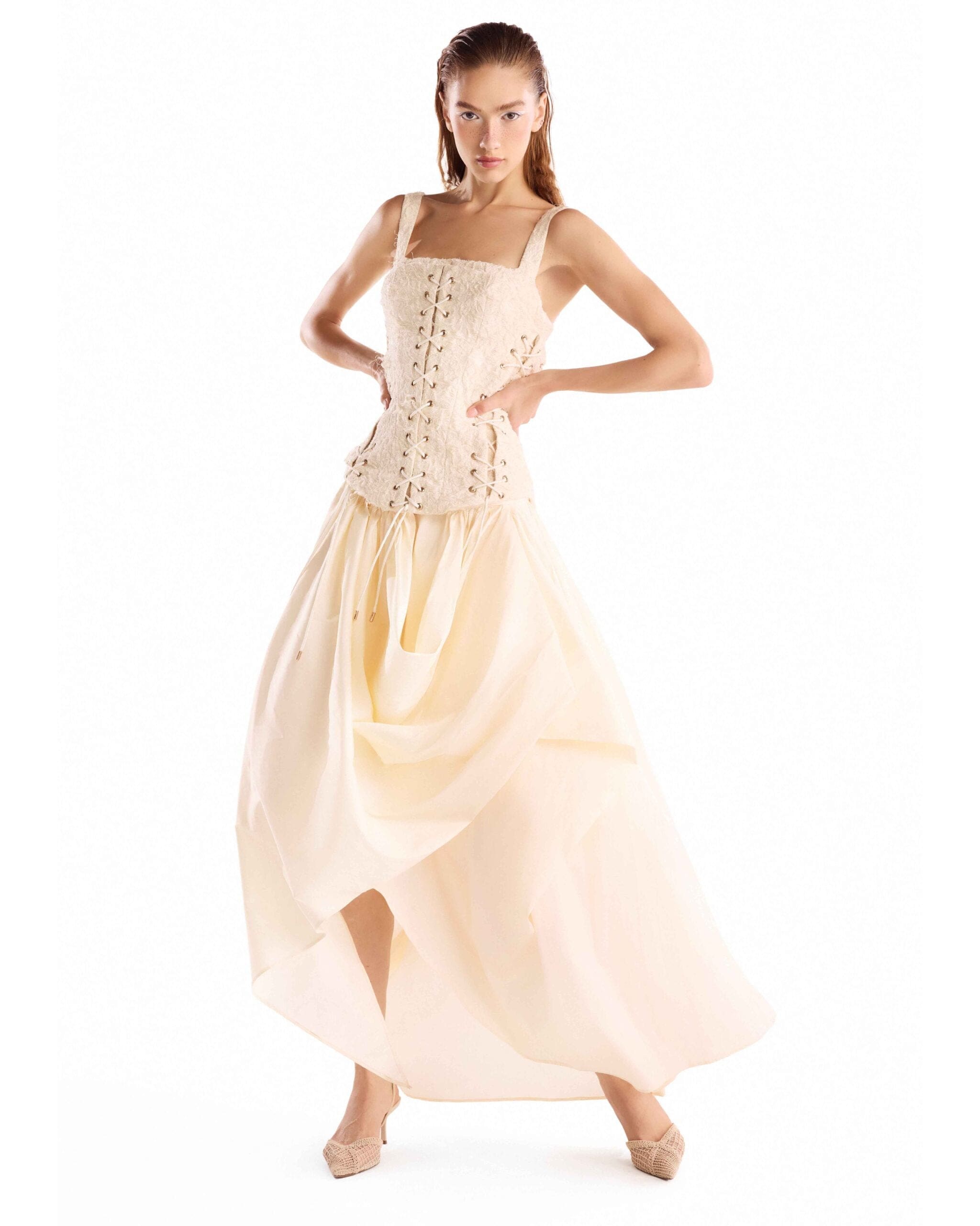 OD-706-scaled-1.jpg Creamy Jacquard Corseted Draped Taffeta Dress - Image 1